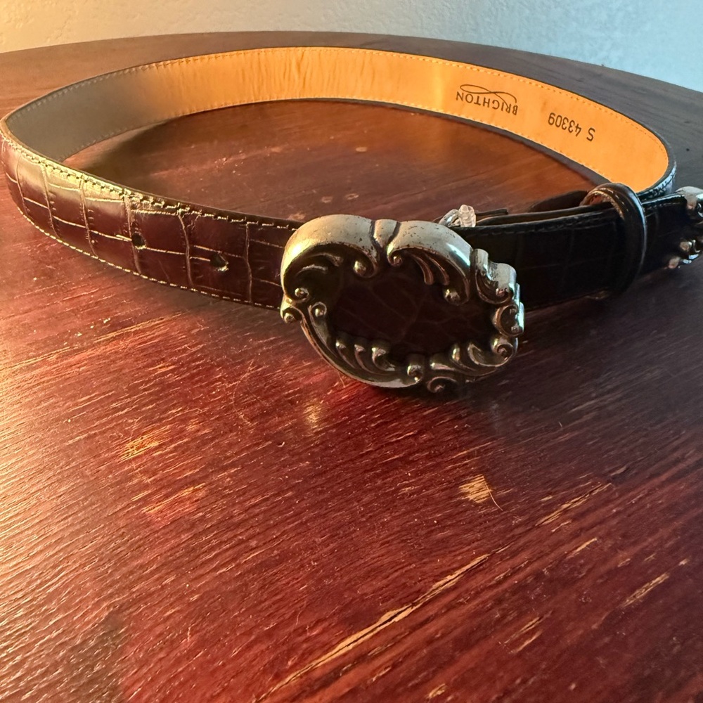 Brighton Dark Brown Leather Belt with Intricate Silver Buckle